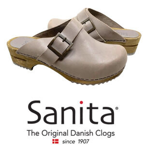 NEW Sanita Urban Open Sz EU 38 US 7-7.5 Big Buckle Gray Leather Clogs Mules NWOB